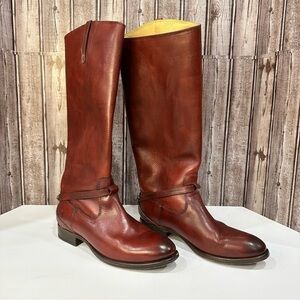 Tall real leather Frye burnt red boots. Size 8.5